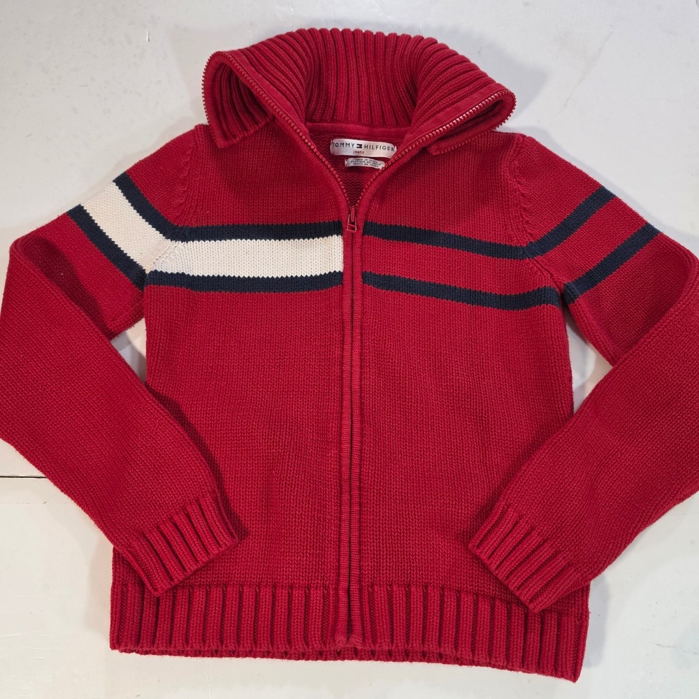 Vtg Tommy Hilfiger Jeans Red Full Zip Cardigan Sweater Stripe L Made in Japan